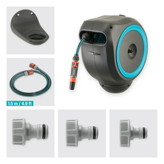 GardenHouse - Mangueira Externa Com Enrolador Retrátil, trava e Suporte Giratório 180