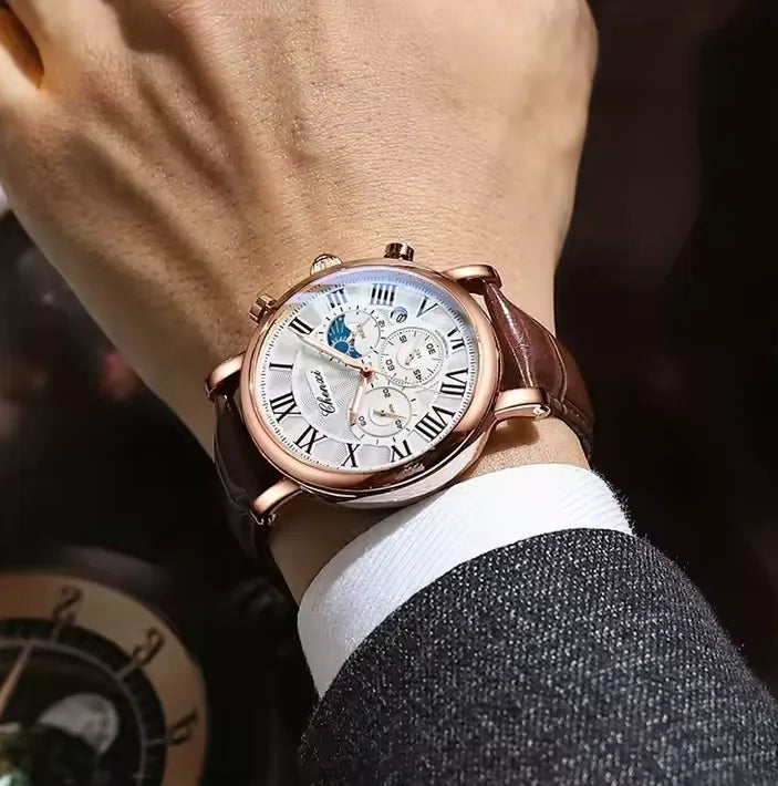 Relógio Fases da Lua Branco Dourado - Chenxi